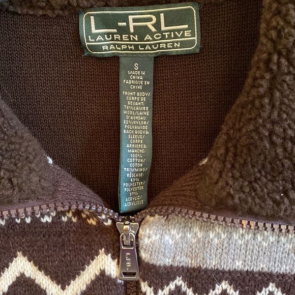 Ralph Lauren Active Women's Brown & Cream Fair Isle Zip Up Cardigan Sweater SZ-S - Picture 9 of 9
